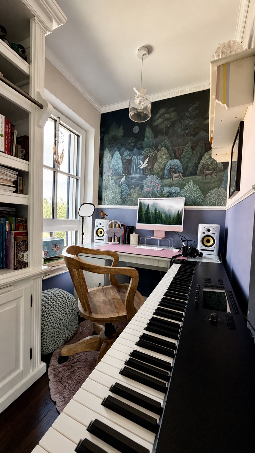 Klavier und Bildschirm am Fenster des Arbeitszimmers