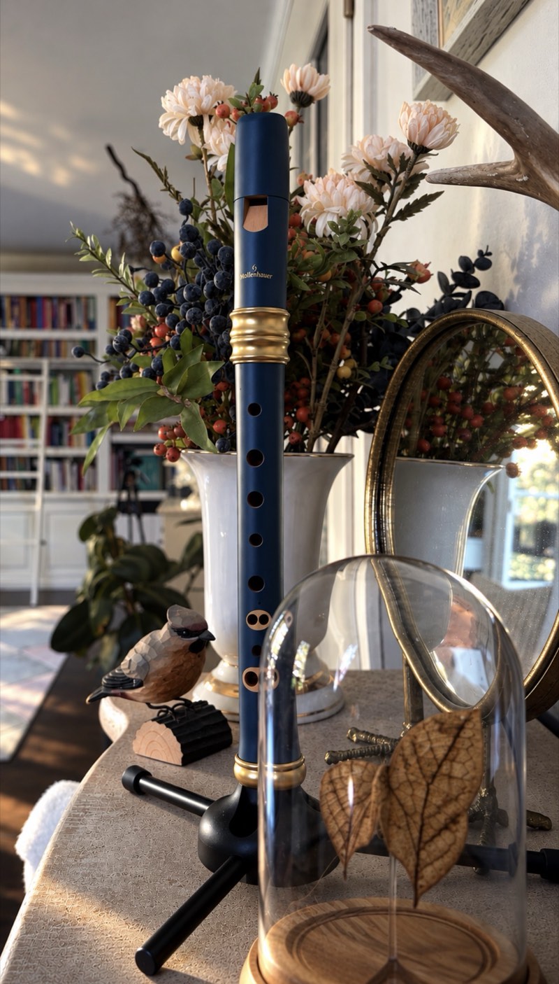 Eine blaue Whistle auf einem Ständer, daneben Chrysanthemen und Beerenzweige, dahinter ein Bücherregal